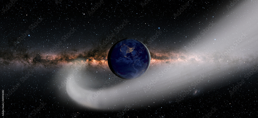 Poster Comet on the space Milky Way galaxy in the background 