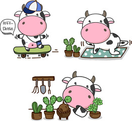 Obraz premium Set of Cute Cow cartoon character posing in different situations. Png clipart isolated on transparent background