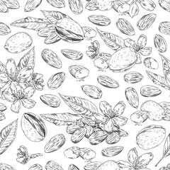Monochrome almond nut seamless pattern in sketch style, vector illustration on white background.