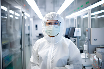 laboratory worker in protective clothing - obrazy, fototapety, plakaty