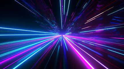 Blue pink and purple neon glow laser beam light lines moving fast,digital, high speed internet, cyberpunk, techonogy backdrop. futuristic abstract background. Generative AI - obrazy, fototapety, plakaty