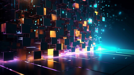 Glowing blue and gold cubes floating in the air with neon light, creativity, festive, digital, blockchain, innovation concept, hi-tech abstract backgroud. Generative AI