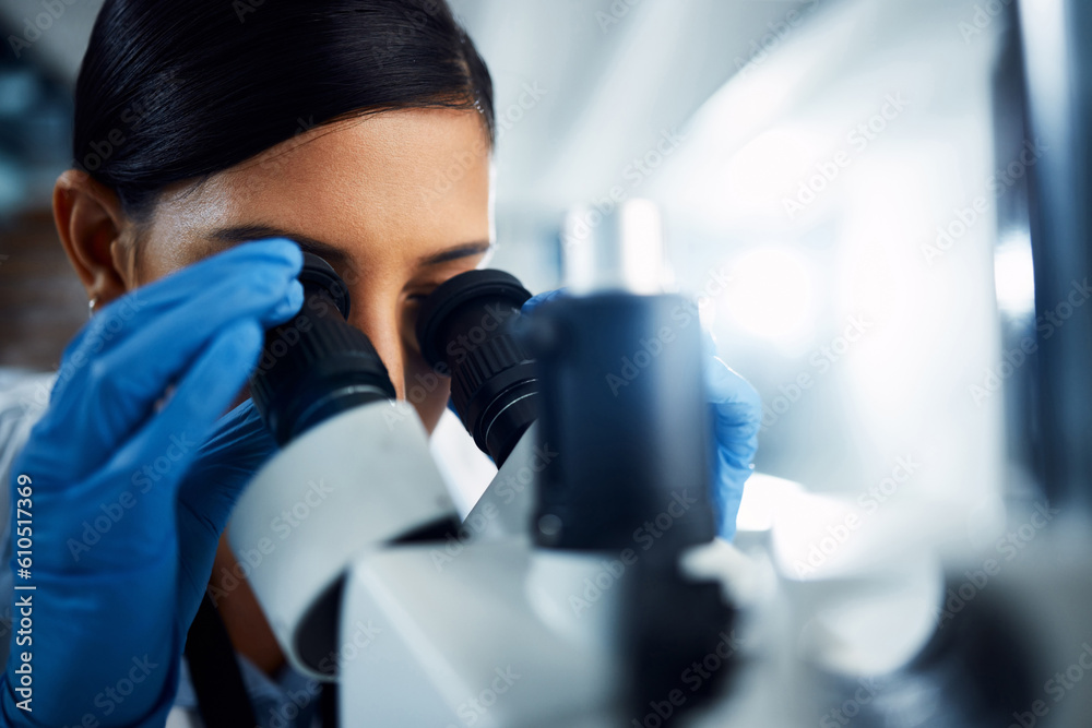 Poster woman, scientist and microscope for forensic science research, discovery or data analysis at lab. fe