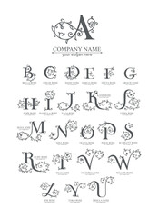 Floral alphabet logo set. Rose flowers in design. Delicate monograms for wedding, boutique, flower business, fashion