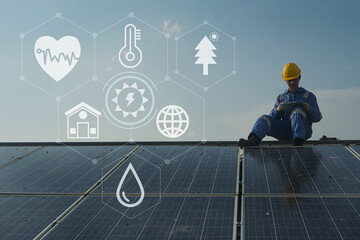 Engineer inspect and check solar cell panel by hold equipment box, solar energy, renewable energy,power factory concept, lowkey lighting.