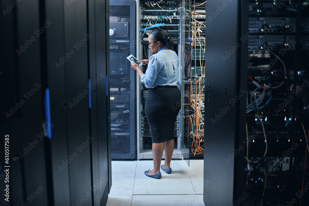 Poster Woman, server room and engineer with a tablet for programming, system upgrade or cable maintenance. Black female technician in datacenter for network, software download or cybersecurity with IT app