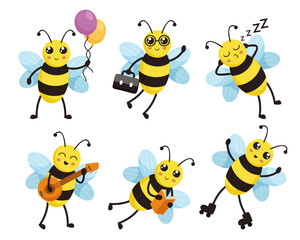 set of bee in different activity cartoon charactor illustration