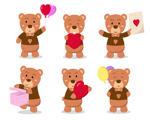 Set of cute teddy bear on valentine day concept vector
