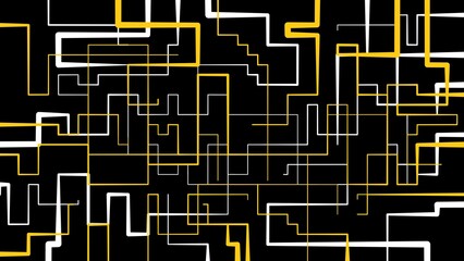 Contrast black and white industrial wallpaper, yellow accent, crossing pipes contemporary art, lines, white lines on the black background, tubes, theme, direction, geometrical, technical
