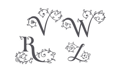 Fototapeta premium Collection of botanical, initial, letter female logos with rose organic plant elements. Delicate monograms for wedding, boutique