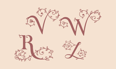 Collection of botanical, initial, letter female logos with rose organic plant elements. Delicate monograms for wedding, boutique
