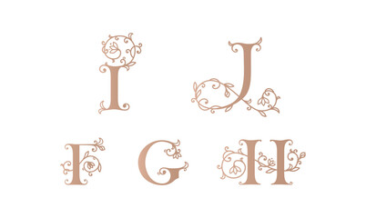 Collection of botanical, initial, letter female logos with rose organic plant elements. Delicate monograms for wedding, boutique