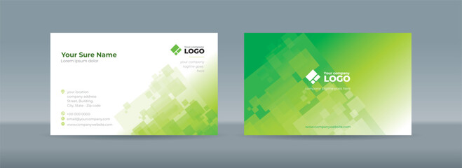 Set of double sided business card templates with abstract random transparent white rectangle on white and green background