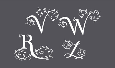 Logo rose set. Floral alphabet logo set. Rose flowers in design. Delicate monograms for wedding, boutique, flower business, fashion, cafe.