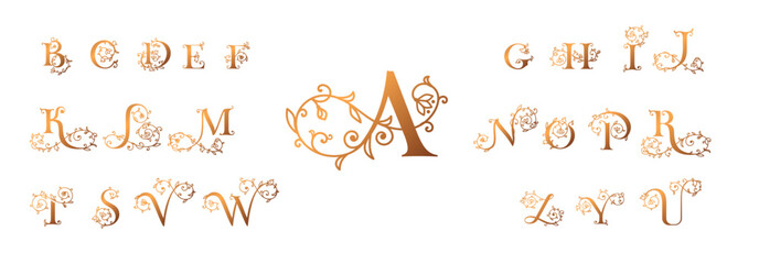 Obraz premium Logo rose set. Floral alphabet logo set. Rose flowers in design. Delicate monograms for wedding, boutique, flower business, fashion, cafe.