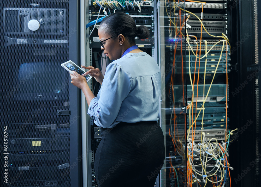 Poster Server room, woman and engineer with tablet for cybersecurity, programming or cable maintenance. Black female technician in datacenter for network, software or system upgrade with IT app and internet