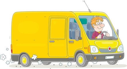 Funny courier driving his colorful express delivery van full of ordered goods for waiting customers, vector cartoon illustration isolated on a white background