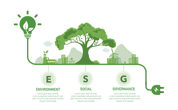 ESG Concepts For The Environment Social Governance And Sustainability Concept With Venn Diagram. Green Light Bulb Vector Illustration