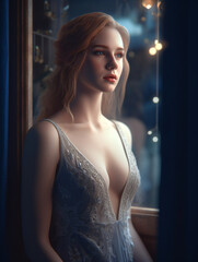 A woman in a white dress with deep cleavage looking out a window Generative Ai