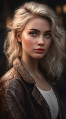 Fototapeta premium A beautiful woman with blonde hair and a leather jacket Generative Ai