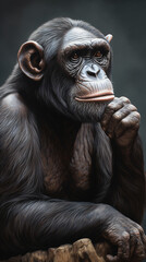 A chimpanzee sitting on a rock with his hand on its chin and a thoughtful expression Generative Ai