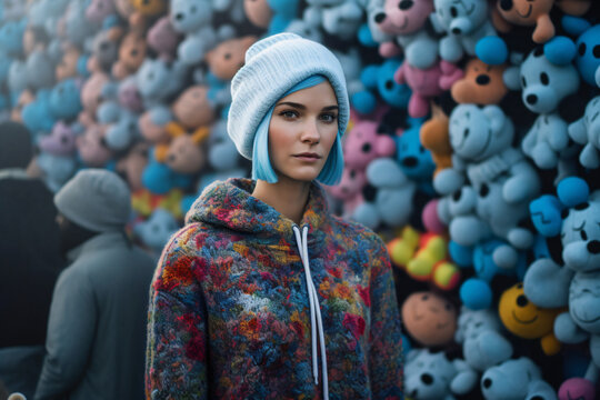 A woman with blue hair standing in front of a wall of stuffed animals Generative Ai
