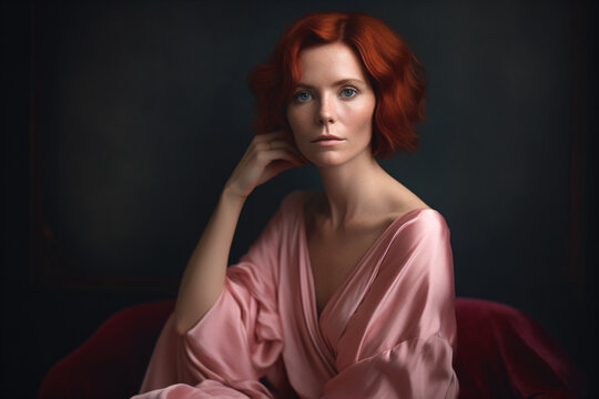 A woman with red hair wearing a pink dress sitting in a chair Generative Ai