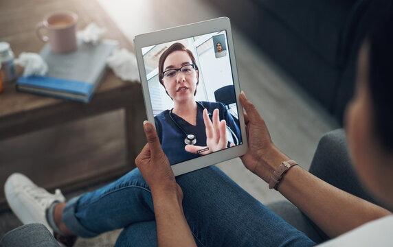 Tablet, virtual consulting with a doctor and a patient in the home for healthcare, medical or online meeting. Video call, telehealth and remote with a person talking to a medicine professional expert