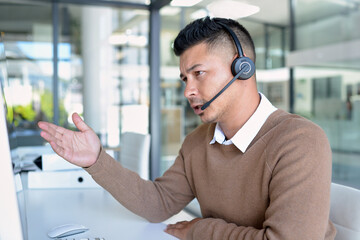 Man, callcenter with phone call and CRM, contact us and communication with headset in office. Male consultant in customer service, telemarketing or tech support with help desk job, advice and telecom - obrazy, fototapety, plakaty