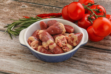 Raw chicken hearts for cooking