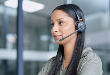 Woman, call center with CRM and contact us, communication with headset and technology in office....