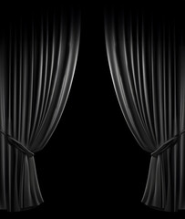 Abstract minimal concept. Luxury black opening curtain drapes empty wall stage with spotlight. Mock...