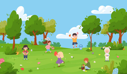 Cute children egg hunting in park, cartoon flat vector illustration.