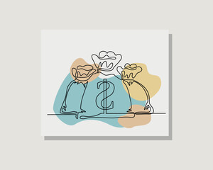 continuous single one line art drawing of dollar money bag sack economy banking save concept in boho bohemian style design vector illustration
