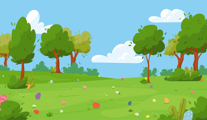 Meadow with hidden eggs for Easter egg hunt, cartoon flat vector illustration.
