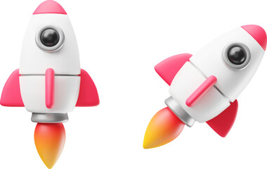 Set of rockets upswing with flame ejected 3d style. Toy spaceship rockets launch. Successful startup, financial growth, space business concept vector illustration