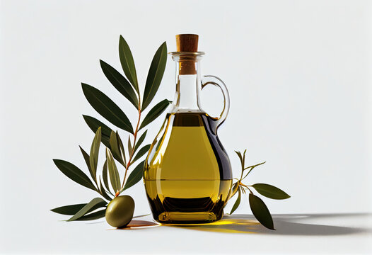 Oil bottle with twig and olives on white background. Generative AI.