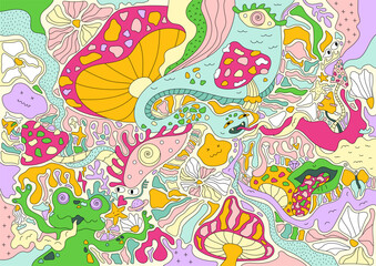 Fototapeta premium Psychedelic trippy illustration with snake, magic mushrooms, smoking frog. Hallucinogenic vector doodle art, retro flowers, surrealistic graphics. Fantasy groovy adventures, cool poster.