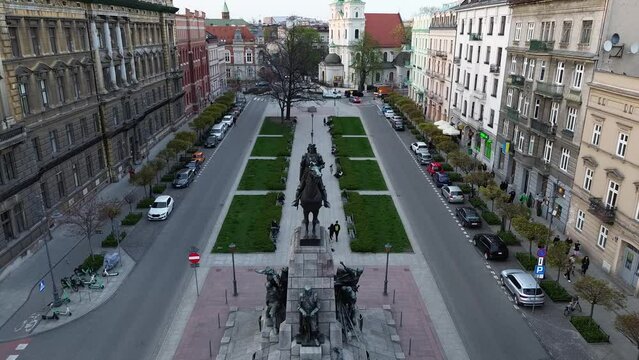 Jan Matejko Square, Grunwald Monument, Cracow, Krak&oacute;w, Poland. DJI drone footage

