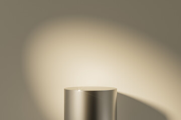 3d presentation pedestal or dais made of metal in room illuminated by sunlight. 3d rendering of mockup of presentation podium for display or advertising purposes