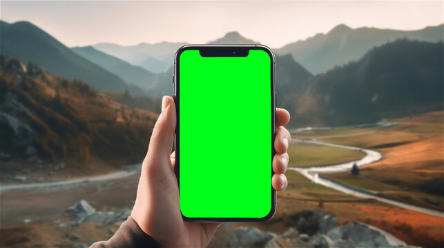 In The Mountains, A Subjective View Of The Cell Phone With Greenscreen To Exchange The Content Of The Screen, Generative AI