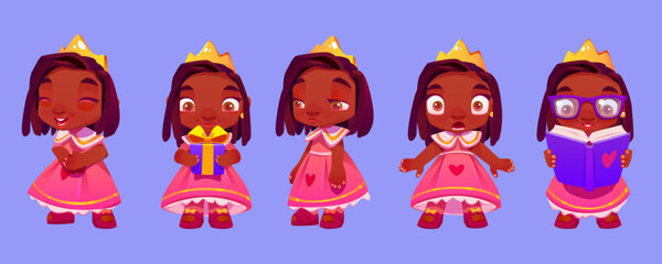 Cute vector cartoon black princess girl character expression set. Little kid queen in pink dress costume and crown frightened, reading, sad and smile. African beautiful female fairytale role with gift © klyaksun