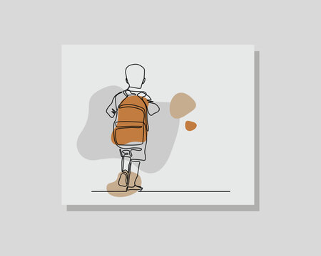 recommend clip art: Continuous single one line drawing art of student school boy kids with school bag an uniform in boho bohemian style design vector illustration