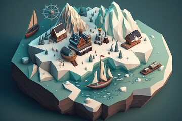 Isometric of the snow mountains with pier. Generative AI.
