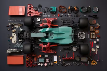 Fototapete Separate parts of the formula 1 car in dark background. Generative AI. © hugo