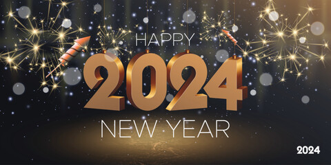 Festive 2024 new year celebration template with 3D hanging number and fireworks background