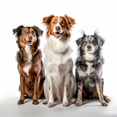 three dogs in white, bown and gray,  smiling happily and sitting  together in full body shot isolated on white background