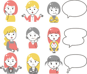 吹き出しと色々な世代の困った顔の女性　イラストアイコンセット