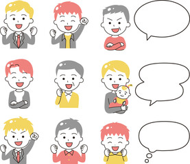 吹き出しと色々な世代の笑顔の男性　イラストアイコンセット