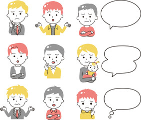 吹き出しと色々な世代の困った顔の男性　イラストアイコンセット